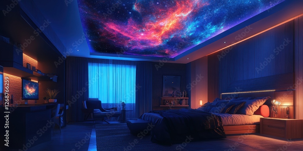Bedroom features a beautiful celestial nebula painted across the ceiling Bedroom features a beautiful celestial nebula painted across the ceiling