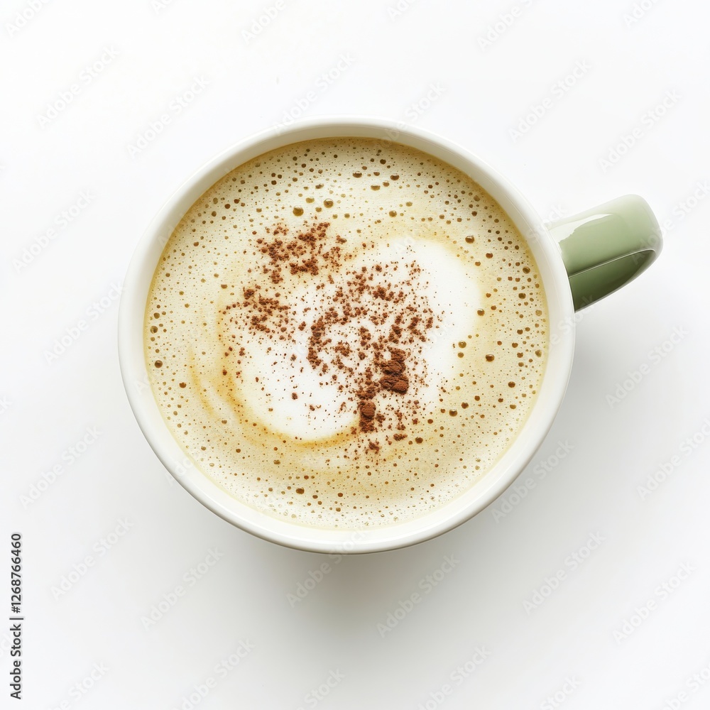 Creamy cappuccino served in a pastel green cup on a minimalist white background