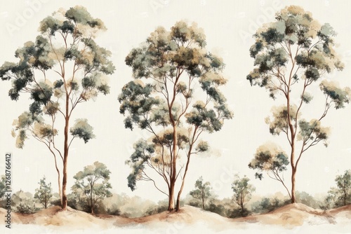 Eucalyptus trees series for nature lovers and sustainable designs featuring serene backgrounds and earthy tones