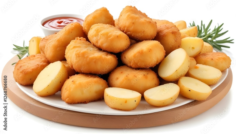 Tasty fried nuggets and potatoes isolated on white background Tasty fried nuggets and potatoes isolated on white background