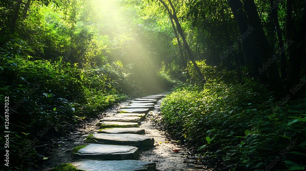 A narrow stone path leading through a dense forest with sunlight filtering through the leaves. A narrow stone path leading through a dense forest with sunlight filtering through the leaves.
