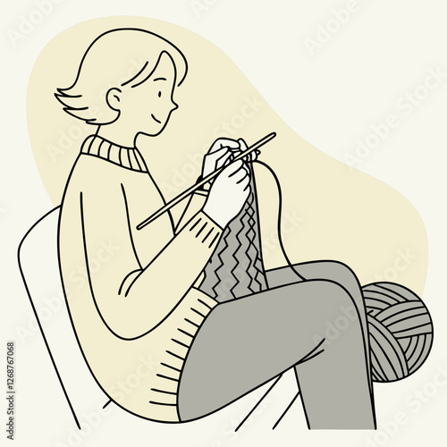 Person happily knitting a cozy sweater, showcasing creativity and relaxation in a comfortable indoor setting
