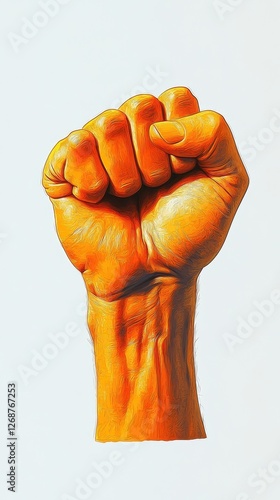 Powerful raised fist signifying resistance or solidarity against white background
