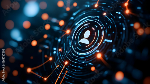 Abstract digital network with interconnected nodes and user icon symbolizing connectivity.