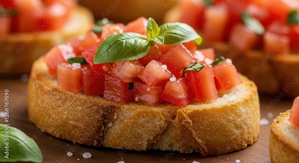 Serving of Bruschetta with Fresh Tomato and Basil Topping Serving of Bruschetta with Fresh Tomato and Basil Topping