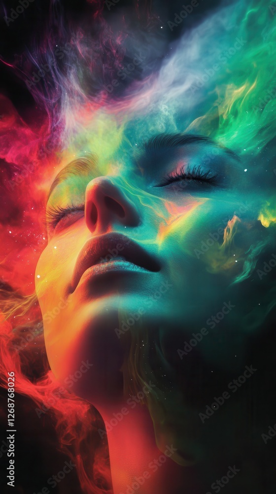 Mystical visualization of a woman's face surrounded by colorful cosmic elements at night Mystical visualization of a woman's face surrounded by colorful cosmic elements at night