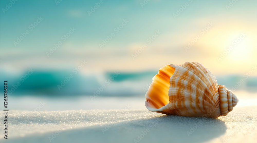 A beautiful seashell resting on a sandy beach with gentle waves in the background. A beautiful seashell resting on a sandy beach with gentle waves in the background.