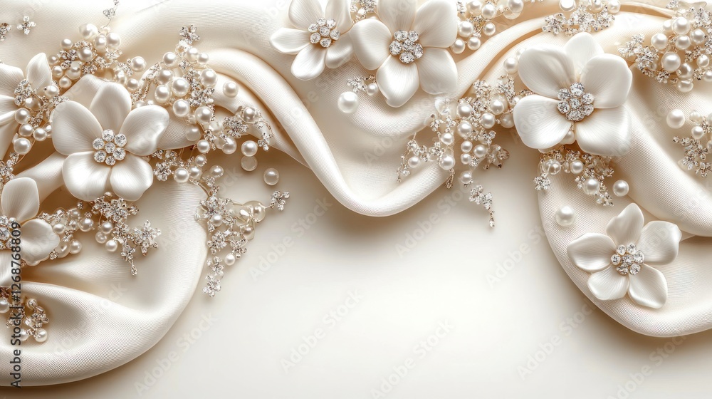 Elegant ivory silk fabric draped with pearl and rhinestone embellished flowers. Elegant ivory silk fabric draped with pearl and rhinestone embellished flowers.