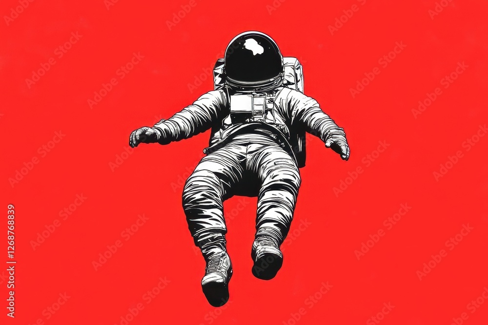 An astronaut floating weightlessly in a monochrome space illustration An astronaut floating weightlessly in a monochrome space illustration
