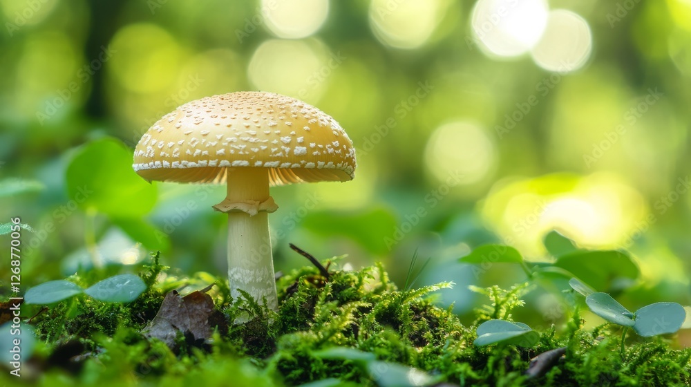 The mushroom grows in the forest undergrowth, surrounded by green plants. The mushroom grows in the forest undergrowth, surrounded by green plants.