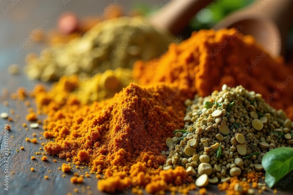 Aromatic spice blend of vibrant orange and yellow powders, subtly textured, with a scattering of pale yellow seeds and green herbs, displayed on a dark wooden surface. Aromatic spice blend of vibrant orange and yellow powders, subtly textured, with a scattering of pale yellow seeds and green herbs, displayed on a dark wooden surface.