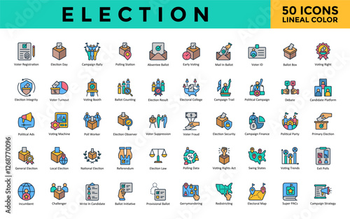 Election icons set with voter registration, election day, campaign rally, polling station, absentee ballot, early voting, mail in ballot, voter id, ballot box icon. Simple lineal color vector 
