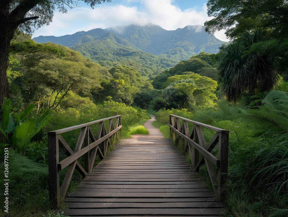 Explore the tranquil wooden bridge leading into a lush green landscape with majestic mountains in the background on a sunny day. Generative AI Explore the tranquil wooden bridge leading into a lush green landscape with majestic mountains in the background on a sunny day. Generative AI