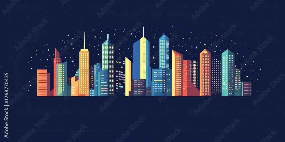 Naklejka premium Colorful cityscape silhouette shines brightly under a starlit night sky