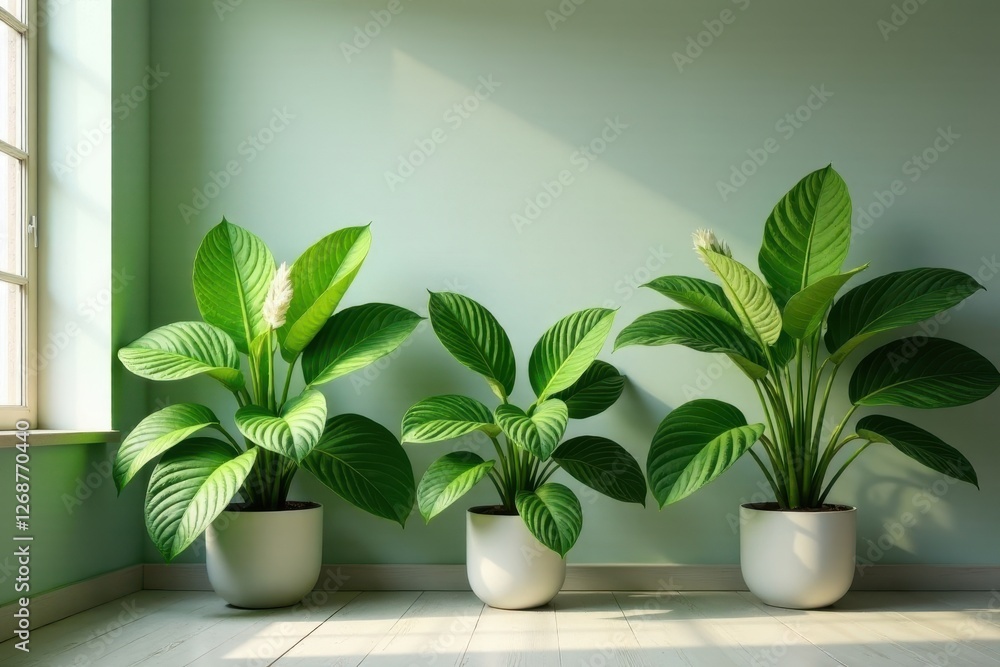 Serene Indoor Greenery Three Lush Peace Lilies in Simple White Pots Basking in Soft Sunlight Against a Pale Green Wall Serene Indoor Greenery Three Lush Peace Lilies in Simple White Pots Basking in Soft Sunlight Against a Pale Green Wall