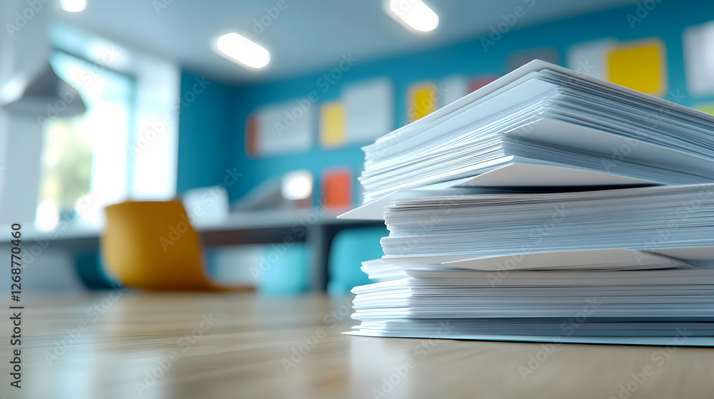 A close-up view of a stack of white papers in a modern office environment. A close-up view of a stack of white papers in a modern office environment.