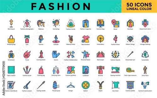 Fashion icons set with mannequin, fashion photography, makeup, hairstyling, fashion trends, fashion magazine, fashion blog, retail, boutique, department store icon. Simple lineal color vector 
