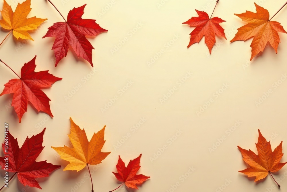 Autumnal foliage arrangement on a pale background, showcasing vibrant red and orange maple leaves, ideal for seasonal designs and fall-themed projects. Autumnal foliage arrangement on a pale background, showcasing vibrant red and orange maple leaves, ideal for seasonal designs and fall-themed projects.