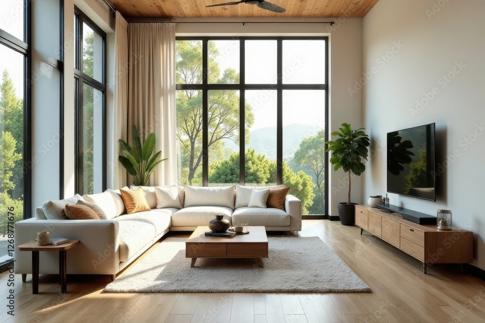 Modern living room design with expansive windows showcasing a serene natural vista and featuring a sectional sofa, wooden coffee table, and entertainment center Modern living room design with expansive windows showcasing a serene natural vista and featuring a sectional sofa, wooden coffee table, and entertainment center