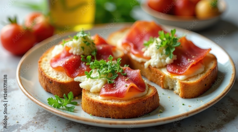 Savory Toasted Bread Rounds Topped with Creamy Cheese and Thin Slices of Seasoned Red Meat, Garnished with Fresh Herbs Savory Toasted Bread Rounds Topped with Creamy Cheese and Thin Slices of Seasoned Red Meat, Garnished with Fresh Herbs