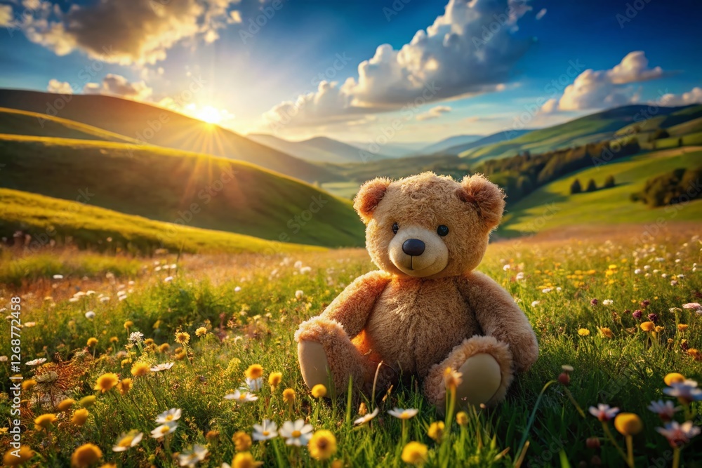 Fototapeta premium Adorable Teddy Bear with Wildflower in Sunny Meadow Landscape