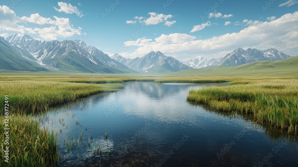 Mountain Meadow Pond, Sunny Day, Peaceful Valley Mountain Meadow Pond, Sunny Day, Peaceful Valley