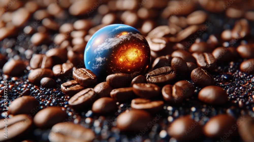 Cosmic-themed coffee beans where each bean resembles a tiny glowing planet, celestial background Cosmic-themed coffee beans where each bean resembles a tiny glowing planet, celestial background