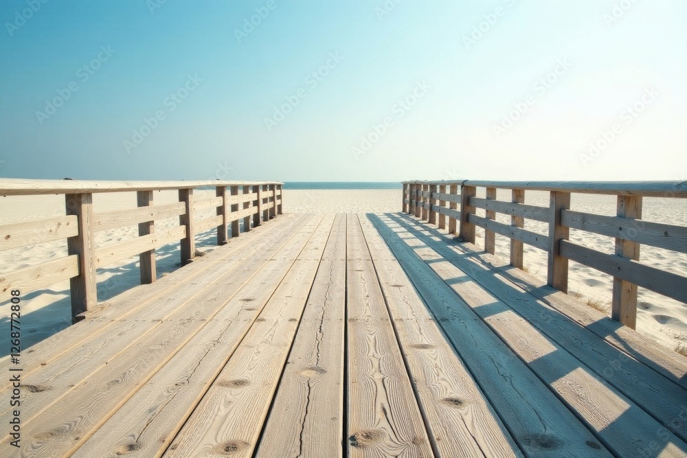 Obraz premium Wooden boardwalk path leading to a tranquil ocean beach on a sunny day