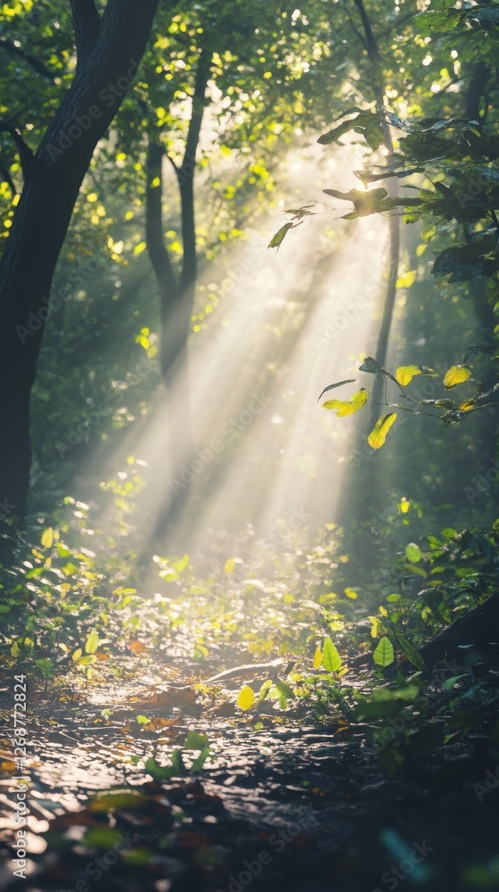 Obraz premium Sunlight streams through forest trees illuminating a path below