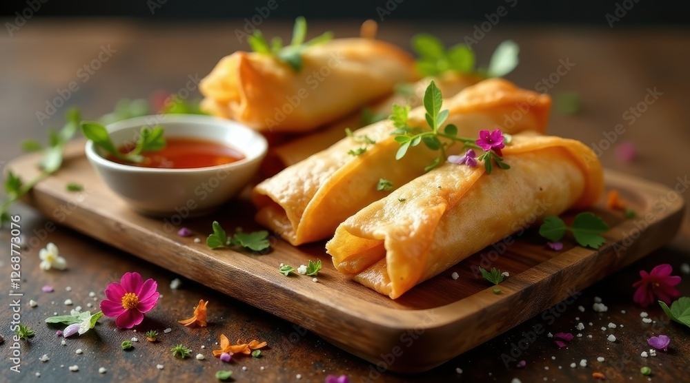 Golden Fried Rolls with Sweet Dipping Sauce and Delicate Floral Garnish on Wooden Serving Tray Golden Fried Rolls with Sweet Dipping Sauce and Delicate Floral Garnish on Wooden Serving Tray