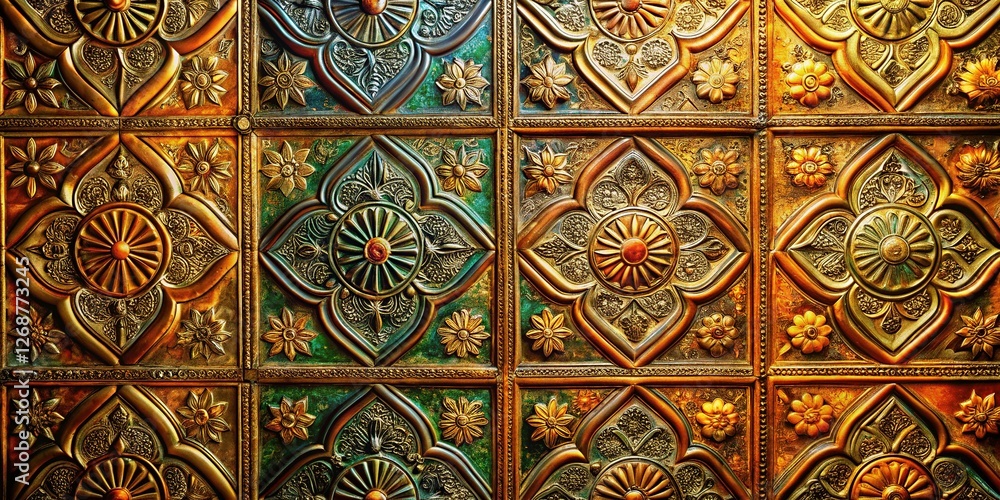 Antique Oriental Pressed Tin Ceiling Tiles, Rustic Background - Stock Photo Antique Oriental Pressed Tin Ceiling Tiles, Rustic Background - Stock Photo