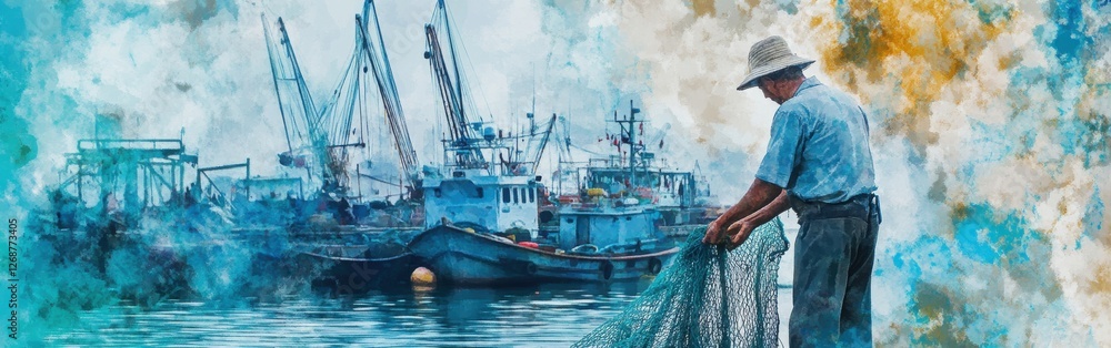 Elderly fisherman casts net at harbor amidst gentle waves and vibrant watercolor backdrop during early morning light Elderly fisherman casts net at harbor amidst gentle waves and vibrant watercolor backdrop during early morning light