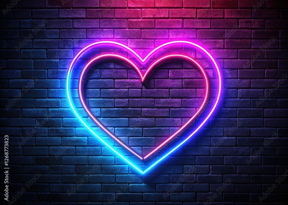 Glowing Neon Pink & Blue Heart Sign on Dark Brick Wall - Generative AI Art Glowing Neon Pink & Blue Heart Sign on Dark Brick Wall - Generative AI Art