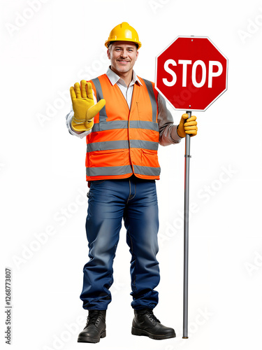 Stock image of a road worker holding a stop sign isolated on a white background