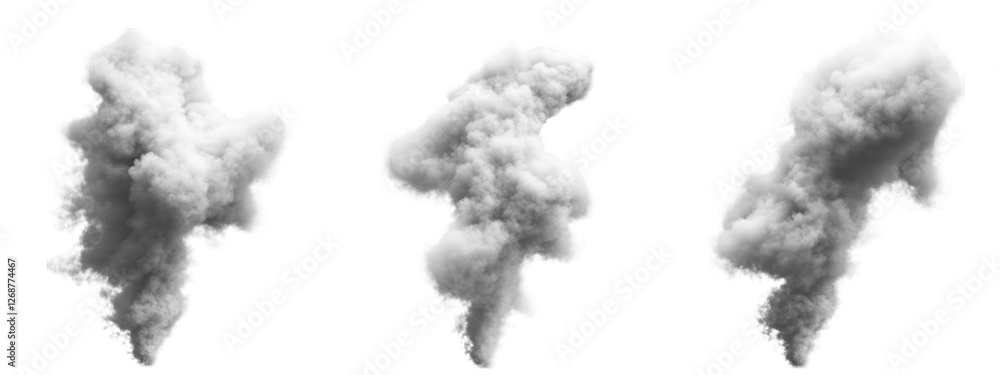 Dense white smoke plume collection. Isolated on transparent background. Generative AI Dense white smoke plume collection. Isolated on transparent background. Generative AI