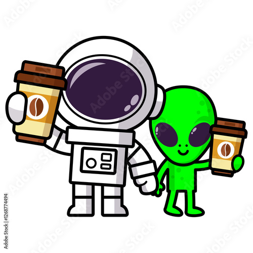Cute Astronaut and alien Drink Coffee