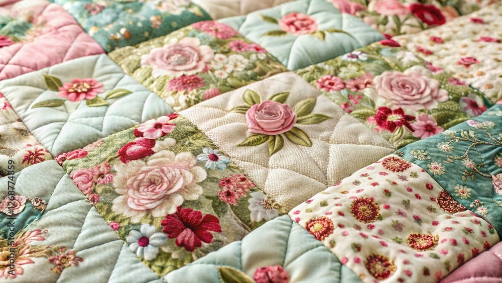Muted Floral Patchwork Quilt - Soft Hues & Textured Fabric Muted Floral Patchwork Quilt - Soft Hues & Textured Fabric