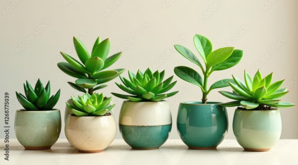 A vibrant collection of potted succulents, showcasing diverse species in elegant ceramic containers, arranged in a visually appealing row on a pristine white surface. A vibrant collection of potted succulents, showcasing diverse species in elegant ceramic containers, arranged in a visually appealing row on a pristine white surface.