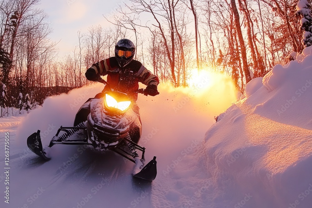 custom made wallpaper toronto digitalSnowmobile making powder snow while riding into sunset in beautiful winter landscape