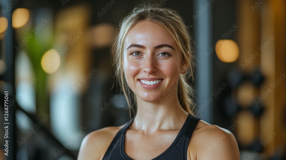 In a vibrant gym filled with equipment, a confident fitness woman smiles with determination. Her radiant energy and strength inspire those around her during a morning workout session In a vibrant gym filled with equipment, a confident fitness woman smiles with determination. Her radiant energy and strength inspire those around her during a morning workout session