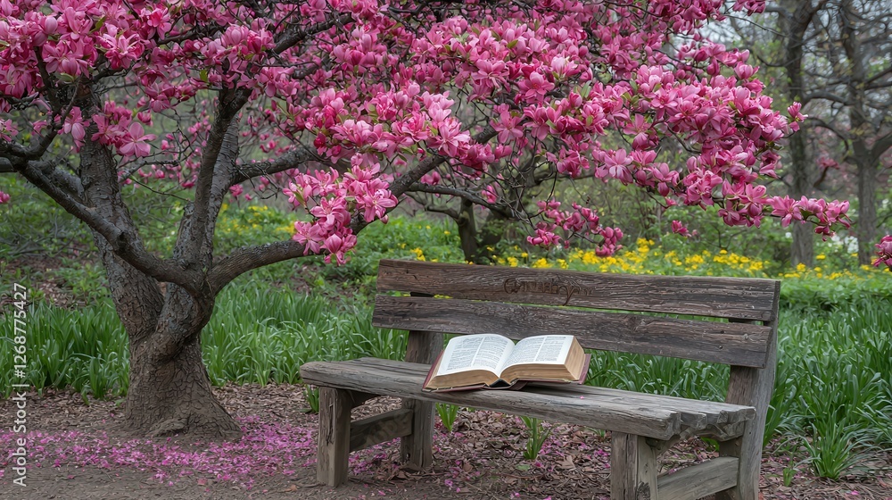 Serene Spring Garden Scene with Book on Bench Serene Spring Garden Scene with Book on Bench
