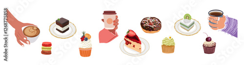 Set of different hands holding cup of coffee and tea and sweet desserts. Colorful flat vector illustrations isolated on white background