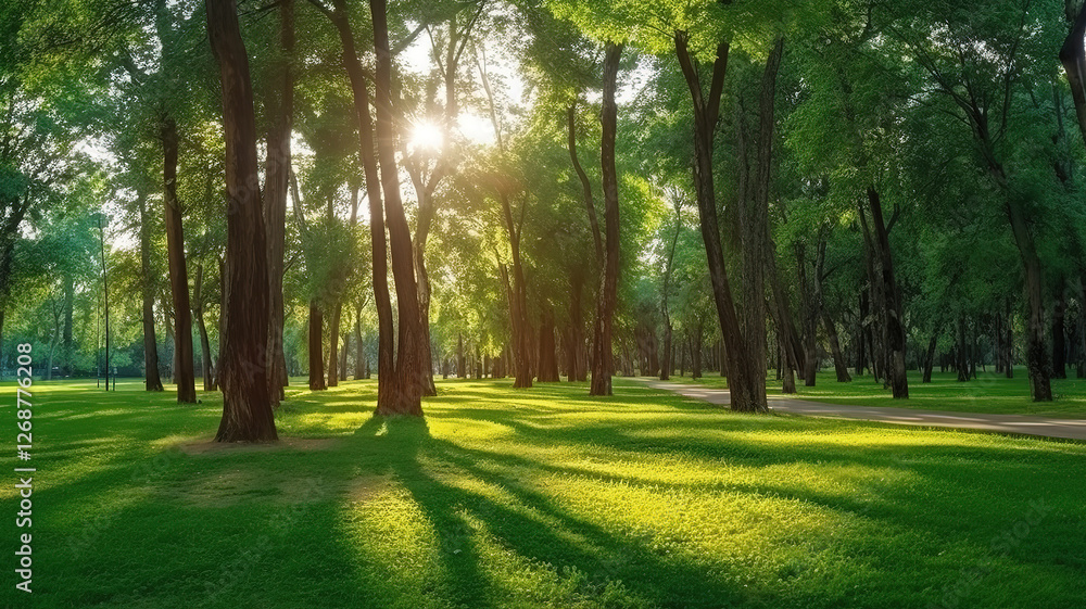 Bright Sunlight Shining Through Greenery in a Serene Park Setting Bright Sunlight Shining Through Greenery in a Serene Park Setting