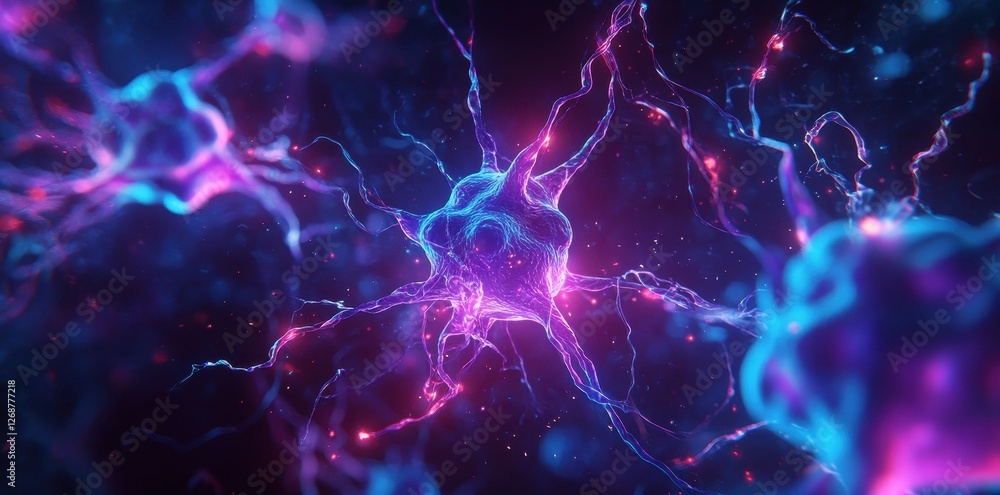 Neural network cell abstract representation with glowing connections and dark background Neural network cell abstract representation with glowing connections and dark background