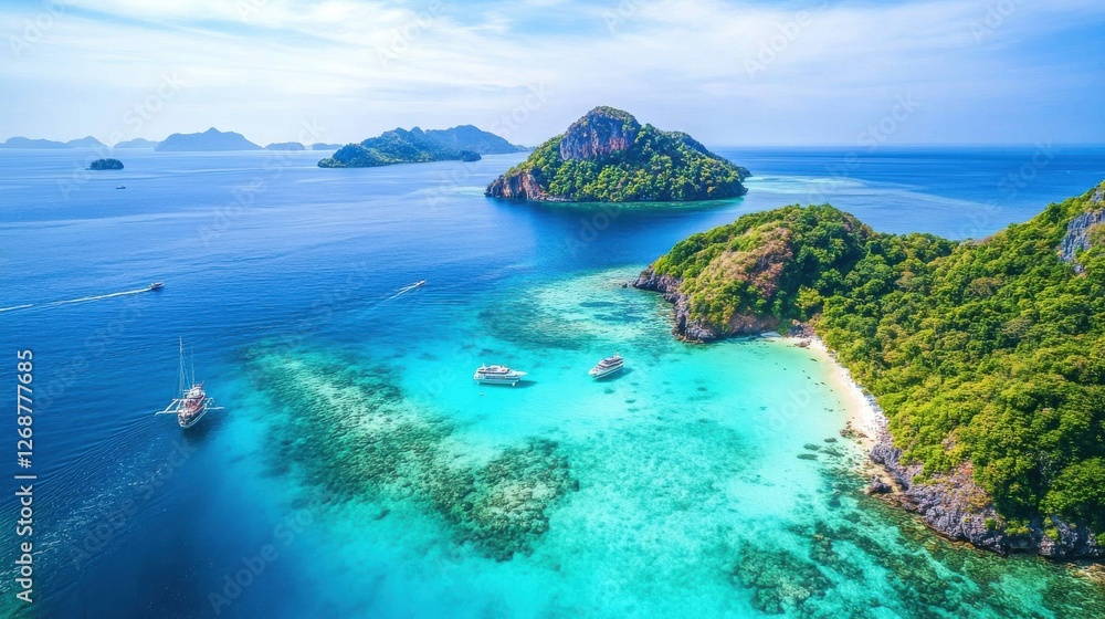 Fototapeta premium Tropical island with turquoise waters and lush greenery invites relaxation and adventure