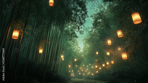 Mystical Bamboo Forest Path Illuminated by Lanterns at Twilight