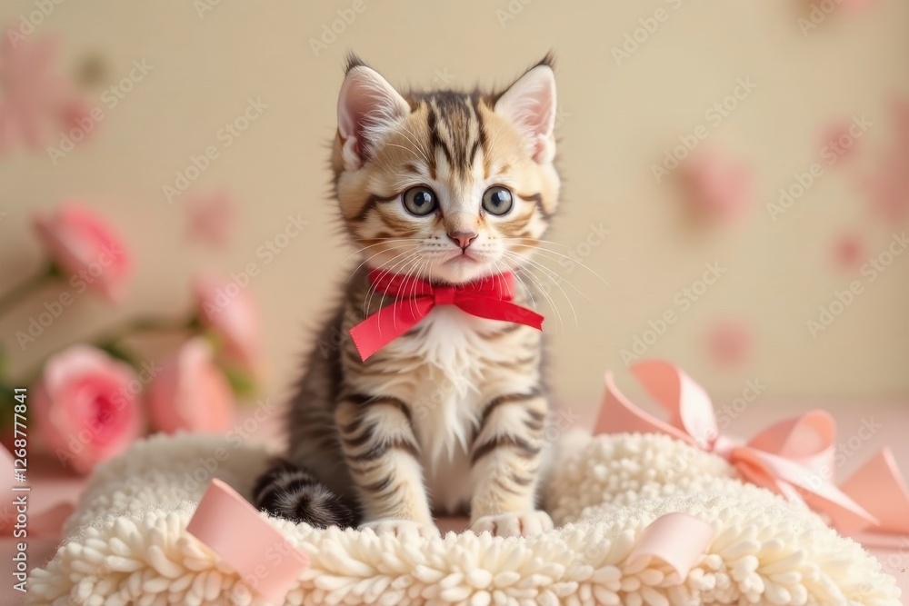 Adorable Kitten Wearing a Red Bow on a Soft Fluffy Surface Adorable Kitten Wearing a Red Bow on a Soft Fluffy Surface