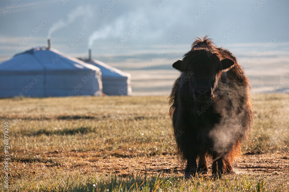 Obraz premium Yak in the Arkhangai region, Mongolia, with traditional yurts in the background on a cold morning. A scene depicting the nomadic lifestyle in the vast Mongolian steppes.