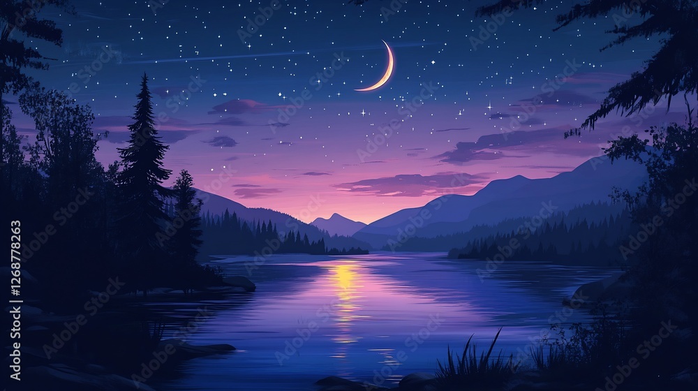 Serene Lakeside Scene at Night with Crescent Moon and Starry Sky Serene Lakeside Scene at Night with Crescent Moon and Starry Sky
