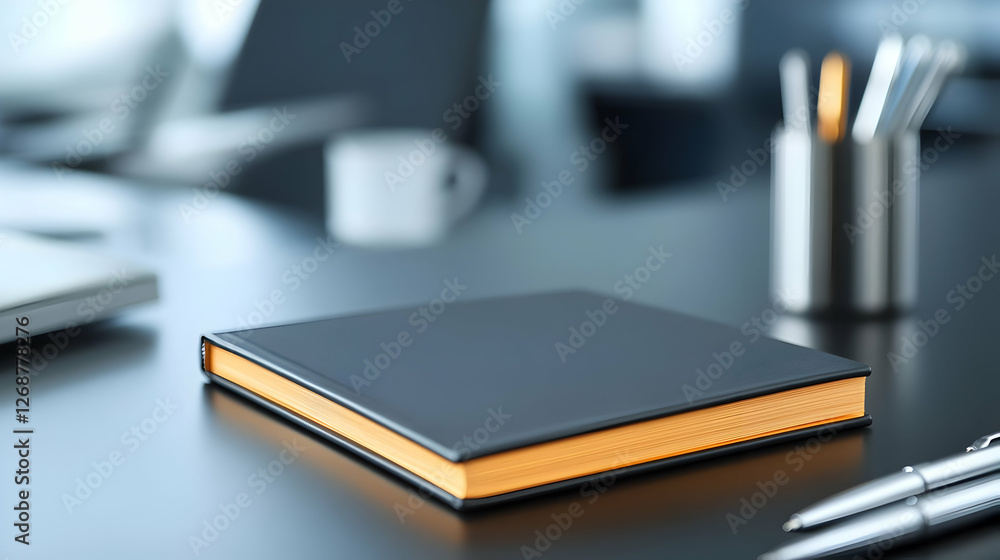 Fototapeta premium A sleek black notebook placed on a modern office desk with pens and a coffee mug.